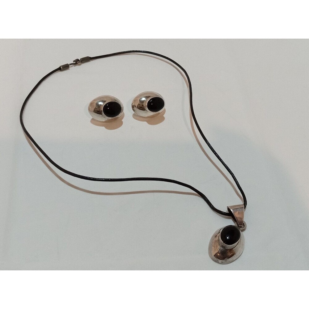 Black Onyx 925 Sterling Silver Mexico Post Earrings, Pendant & Necklace Set 18"